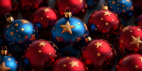 Fototapeta premium 3d render of red and blue christmas balls with golden stars