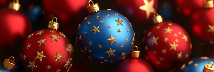 3d render of red and blue christmas balls with golden stars