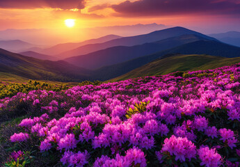 Naklejka premium A stunning sunset over vibrant pink flowers and rolling hills.