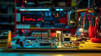 Obraz premium Assembled Circuit Board Positioned on Workbench Surrounded by Tools and Testing Equipment Creating an Atmosphere of Engineering and Innovation