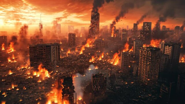 A city engulfed in flames, the sky an ominous orange, as a fiery inferno consumes everything in its path