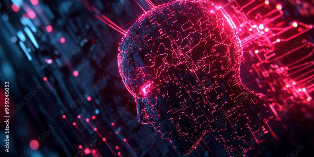 Poster A futuristic AI system in a cyberpunk environment, showcasing glowing neural networks, advanced data processing, and a vibrant high-tech aesthetic.