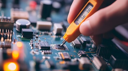 Troubleshooting a Circuit Board with a Multimeter Highlighting the Connections and Electrical Readings to Diagnose and Repair the Electronic Device