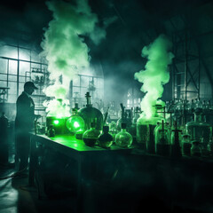 Dramatic Scene in Dimly Lit Laboratory with Green Mist
