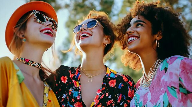 Three friends laugh together while wearing sunglasses and floral shirts in the park