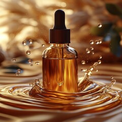 Natural beard oil products photo shoot with sandalwood, realistic hyper-detailed rendering, warm brown tones, eye-catching tags, free-flowing lines, cute cartoonish design, water drops