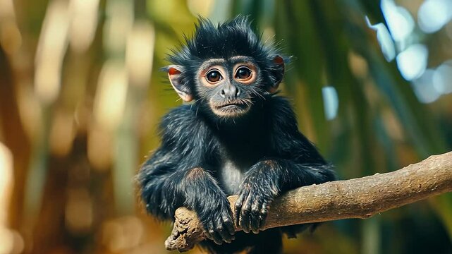 A young, black monkey sits on a branch, looking directly at the camera
