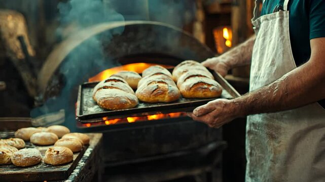A baker removes a tray of freshly baked loaves of bread from a wood-fired oven