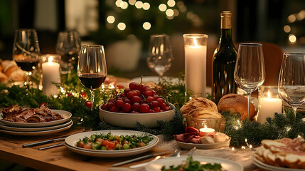 Fototapeta premium Table Setting for a Festive Dinner Party with Wine and Candles