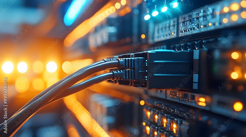 Poster connecting cables in a server room: close-up of network infrastructure