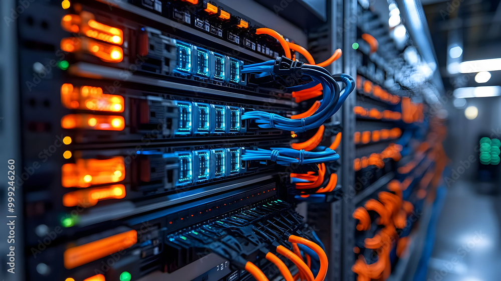 Aufkleber server rack with network cables: a glimpse into data center infrastructure