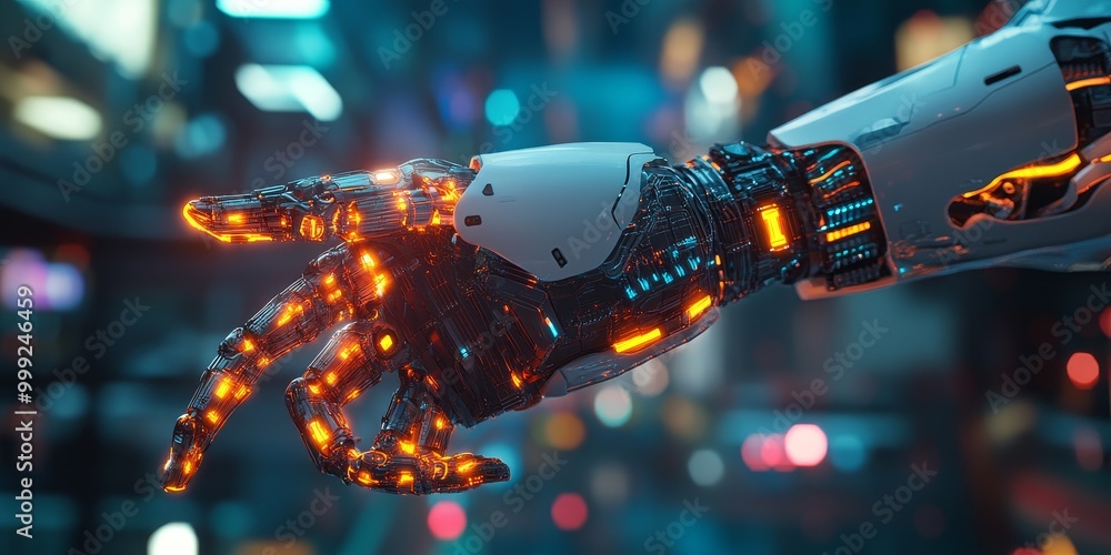Poster a cyberpunk robot in motion, with glowing circuits, mechanical limbs, and advanced ai, set against a