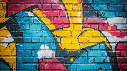 Vibrant Urban Graffiti on Brick Wall Art. Colorful graffiti artwork on a brick wall showcasing bold patterns and lively hues. Perfect for urban art, creativity, and street style themes.