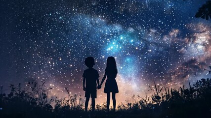 Two children stand hand-in-hand, gazing up at a star-filled night sky