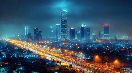 Obraz premium Cityscape with Tall Buildings, Nighttime Traffic, Lights and Urban Scene