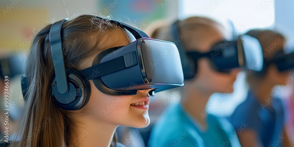 Poster a close-up features virtual reality goggles in a classroom, focusing on the tech and a curious expre