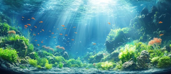 Obraz premium Underwater scene with bright sunlight shining through the water, illuminating a vibrant coral reef with colorful fish swimming.
