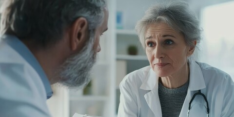 Obraz premium A senior consults with a doctor, with a close-up on their thoughtful expression and medical chart, as bright clinic light reflects care in senior health