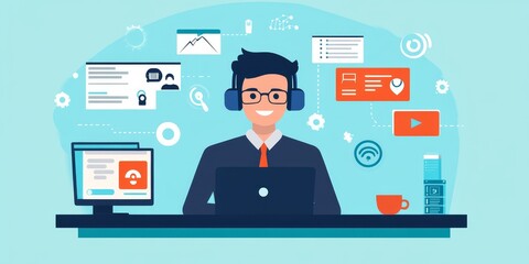 Fototapeta premium A business environment where customer support agents deliver excellent service through advanced technology and communication strategies.