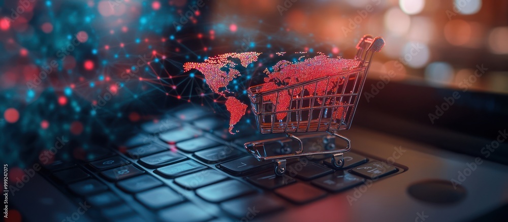 Poster shopping cart with world map on keyboard, concept for global e-commerce.
