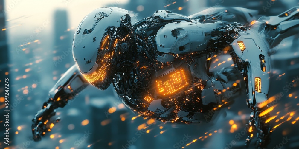 Poster a cyberpunk robot in motion, with glowing circuits, mechanical limbs, and advanced ai, set against a