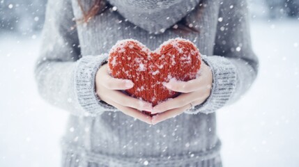 A woman, wearing a gray sweater, cups a red heart drawn in the snow, capturing a romantic and cozy moment in a snowy winter landscape.