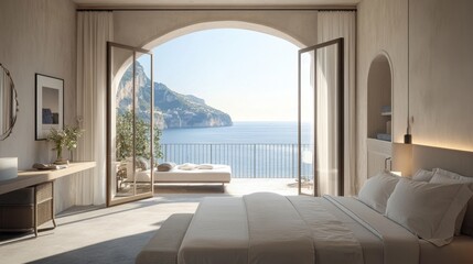 Fototapeta premium Serene luxury hotel room with a view of the ocean through open balcony windows, overlooking the sunny Amalfi Coast, perfect summer retreat.