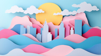Obraz premium 3d abstract paper cut illustration of Cityscape With Mountains and Sun. Colorful Paper Art Cityscape With Mountains and Sun, showcasing creativity and color in a whimsical, abstract style.