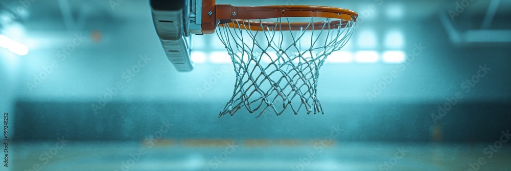 Poster swaying net in action, basketball rim highlighted by motion, dynamic gymnasium backdrop, capturing t