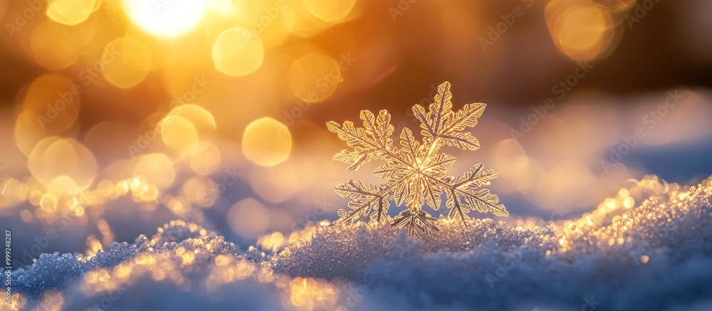 Poster close-up of a single snowflake resting on fresh snow with blurred golden sunset bokeh in the backgro
