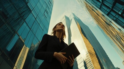 Businesswoman analyzing data on tablet in modern cityscape. Corporate professional standing among skyscrapers, strategizing growth. Urban business success and technology integration concept.