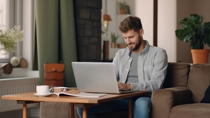 A man sits comfortably on the floor of his stylish home office, focused as he works on his laptop amidst a modern and serene environment.