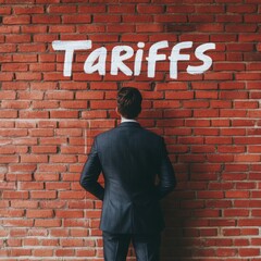 Businessman Contemplating Tariffs Against Brick Wall
