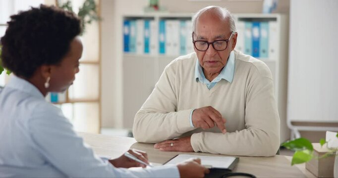 Senior man, doctor and documents to sign for legal paper work, consent forms or life insurance for surgery. People, consulting and medical administration for elderly support, agreement or contract