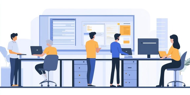 Professionals in a contemporary office receiving IT services for system upgrades and troubleshooting to enhance productivity.