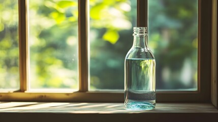 A serene and tranquil photograph capturing a glass bottle filled with clear water placed on a windowsill and bathed in the warm streaming sunlight