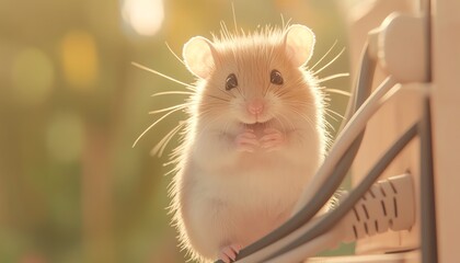 Cute hamster in soft sunlight, adorable expression.