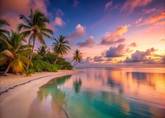 tropical paradise unfolds at dawn, showcasing soft pink hues reflecting on calm waters. Lush palm trees frame serene beach, creating tranquil atmosphere