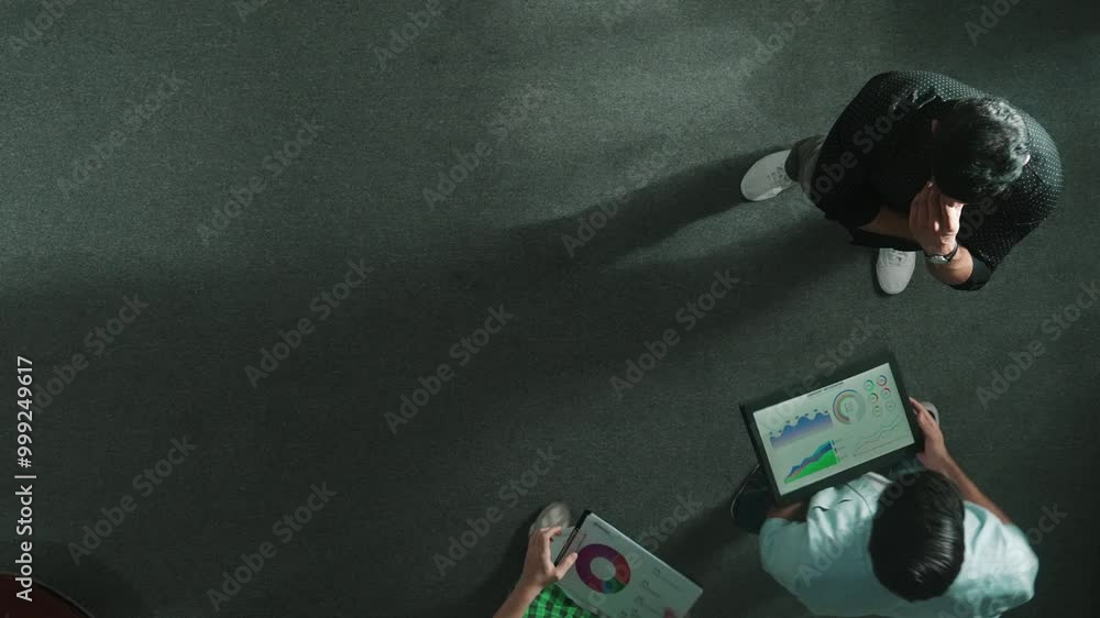 Poster top down view of businessman thinking about marketing plan or making decision to invest in startup p