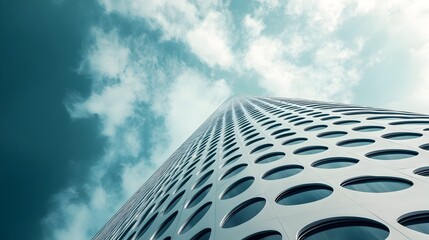 Closeup view of the geometric and metallic architectural patterns of a contemporary high rise skyscraper with a backdrop of soft clouds and the expansive sky