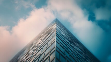 Fototapeta premium Geometric Peaks of a Modern Skyscraper Showcasing Metallic Finish and Intricate Window Patterns Against a Backdrop of Soft Clouds and the Vast Sky