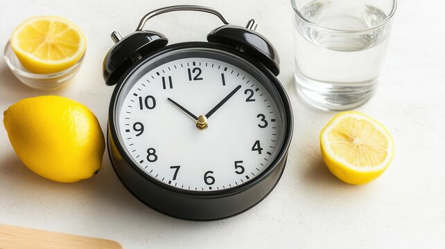Clock showing the start of an intermittent fasting window, with water and lemon on the side for hydration