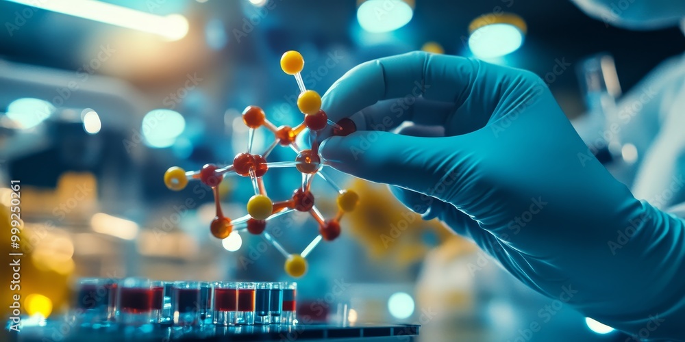 Wall mural detailed view of a molecular model being adjusted, symbolizing innovative r&d in advanced laboratori