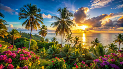 Fototapeta premium stunning sunset illuminates tropical landscape, with vibrant flowers and palm trees framing serene ocean view. warm golden light creates peaceful atmosphere