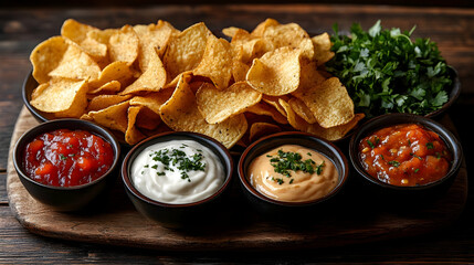 Crispy Tortilla Chips with Creamy Dips and Salsa