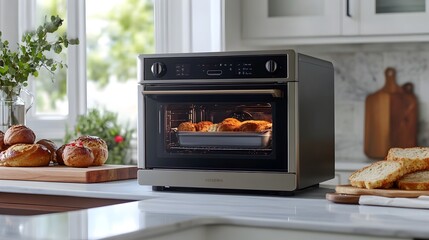 Sleek modern family convection oven sitting on a kitchen counter with a variety of baked goods like cookies bread and muffins visible through the glass door