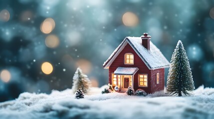 Christmas house in winter snowy forest. holiday christmas ornament decoration, Copy space. banner and poster