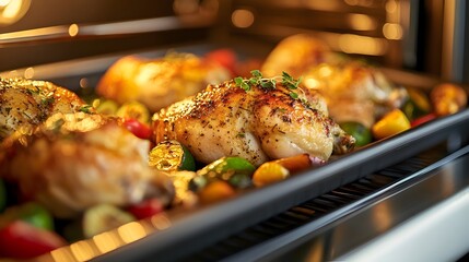 Close up view of a convection oven in action showcasing a tray of golden brown roasted chicken surrounded by fresh vibrant vegetables   a delicious and healthy meal prepared to perfection