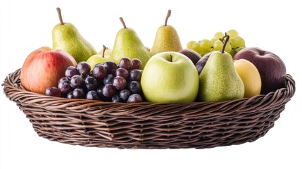 A classic fruit basket filled with apples, grapes, and pears, wrapped neatly and presented against a clean white background.
