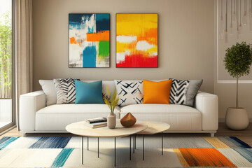 A modern living room with colorful abstract art and decor elements.